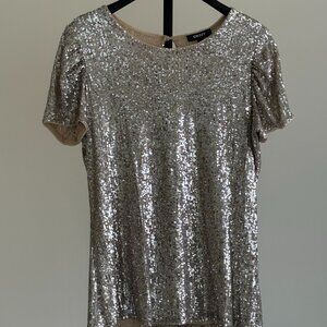 DKNY Silver Sequined Short Sleeved Top Size Large